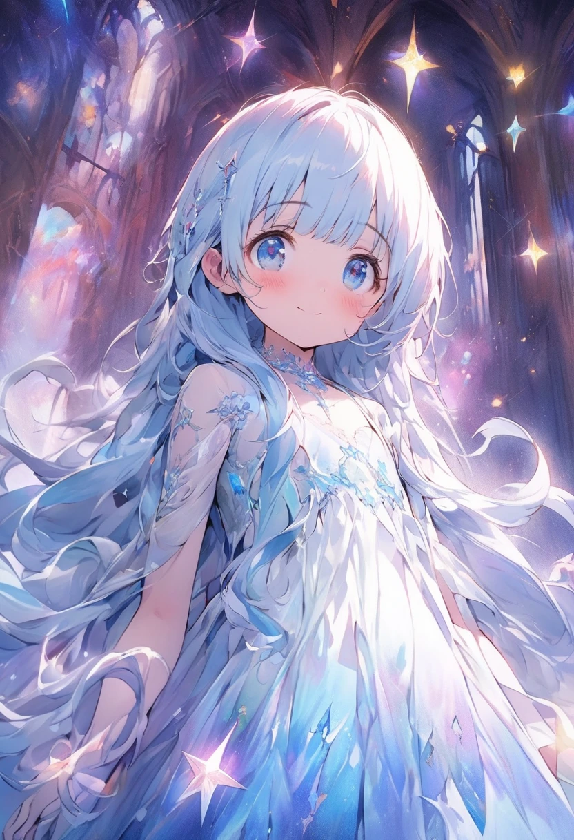 masterpiece, best quality, extremely detailed, (illustration, official art:1.1), 1 girl ,(((( light blue long hair)))), ,(((( light blue long hair)))),light blue hair, , long hair ((blush)) , cute face, masterpiece, best quality,(((((a very delicate and beautiful girl))))),Amazing,beautiful detailed eyes,blunt bangs((((little delicate girl)))),(((tareme))),droopy eyes.(true beautiful:1.2), sense of depth,dynamic angle,,,, affectionate smile, (true beautiful:1.2),,(tiny 1girl model:1.2),)(flat chest),((((Stellar being with starlight aura))) 1girl, looking out at stars, soft focus, (astral themes), (glow in eyes)), impressive artistry,Exquisite details,Gothic architecture,dramatic lighting,Vibrant red hue,ominous numbers,Strange symbols,Surreal elements