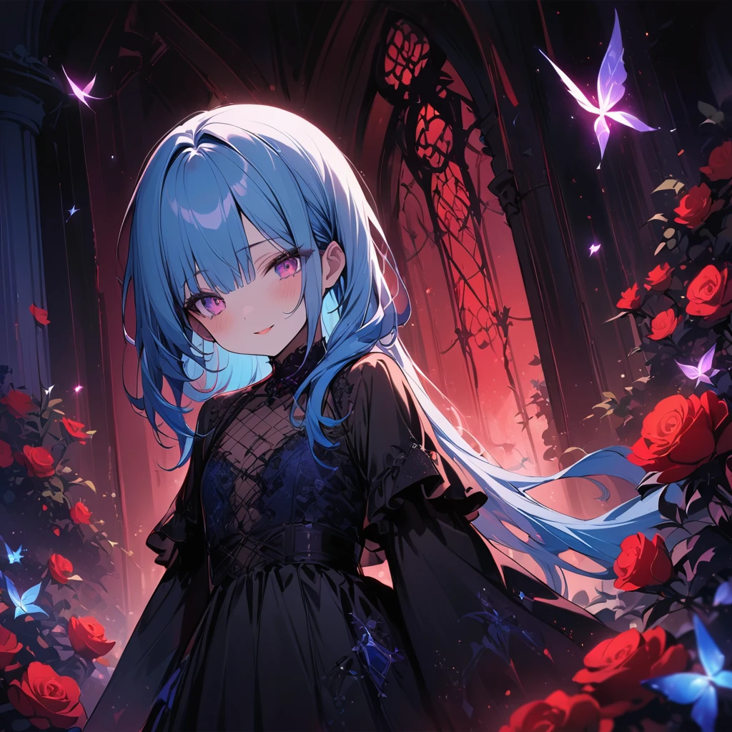 masterpiece, best quality, extremely detailed, (illustration, official art:1.1), 1 girl ,(((( light blue long hair)))), ,(((( light blue long hair)))),light blue hair, , long hair ((blush)) , cute face, masterpiece, best quality,(((((a very delicate and beautiful girl))))),Amazing,beautiful detailed eyes,blunt bangs((((little delicate girl)))),(((tareme))),droopy eyes.(true beautiful:1.2), sense of depth,dynamic angle,,,, affectionate smile, (true beautiful:1.2),,(tiny 1girl model:1.2),)(flat chest),((((Stellar being with starlight aura))) 1girl, looking out at stars, soft focus, (astral themes), (glow in eyes)), impressive artistry,Exquisite details,Gothic architecture,dramatic lighting,Vibrant red hue,ominous numbers,Strange symbols,Surreal elements