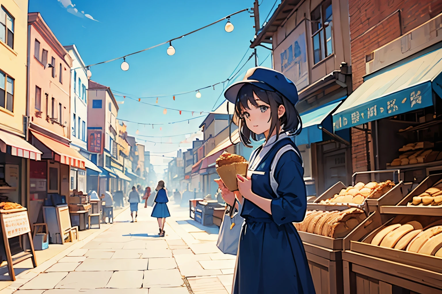 bakery clerk girl street vendors blue sky
