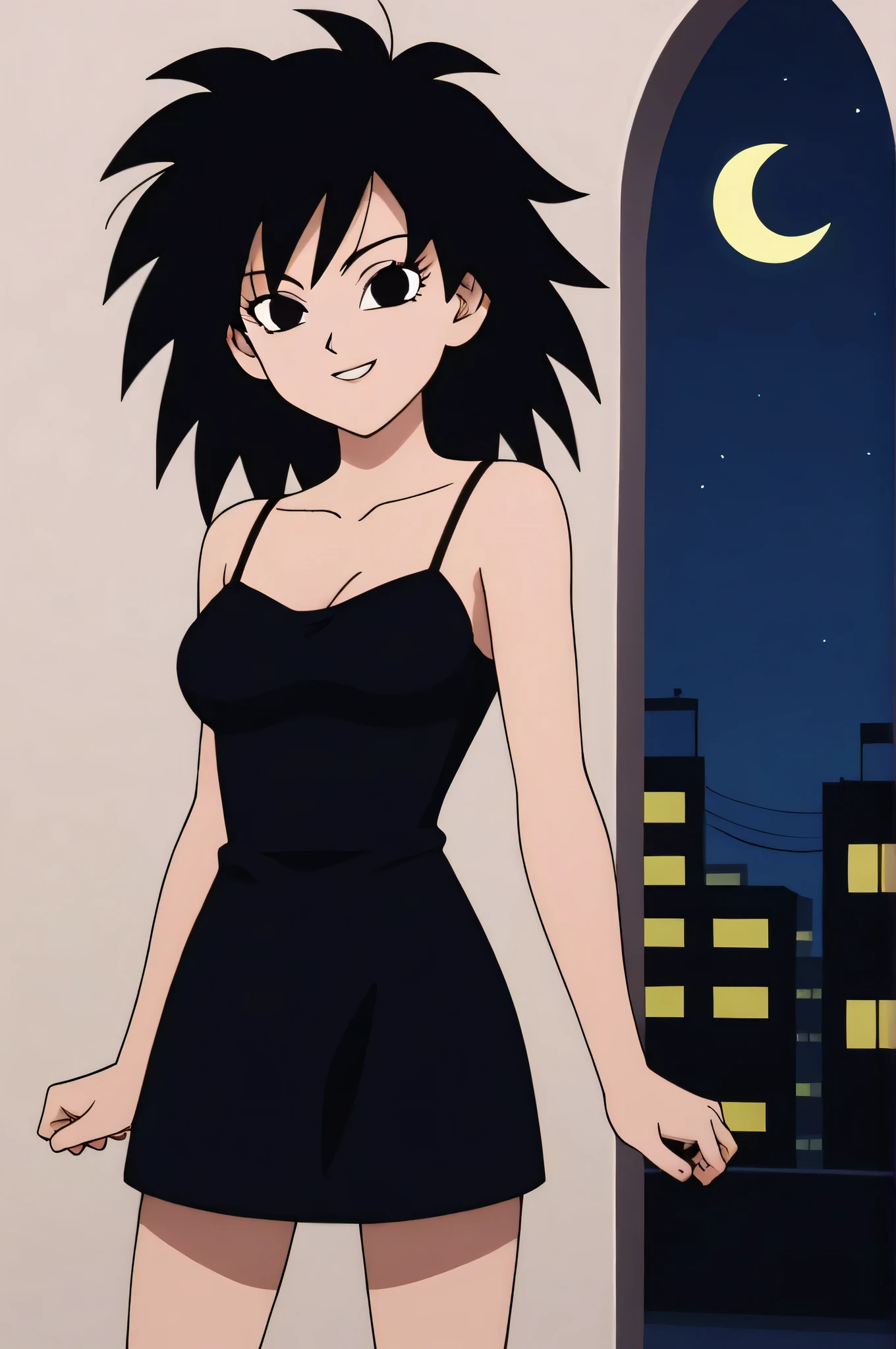 source_anime, score_9,score_8_up, score_7_up, ginedb, anime screencap, 1girl, solo, looking at viewer, smile, medium breasts, black hair, city, bare shoulders, medium breasts, smile, standing, cowboy shot, medium hair, black eyes, spiked hair, eyelashes, masterpiece, best quality, very aesthetic, absurdres, taut dress, spaghetti strap, black dress, sleeveless, night, standing near a wall, cowboy shot, crescent moon