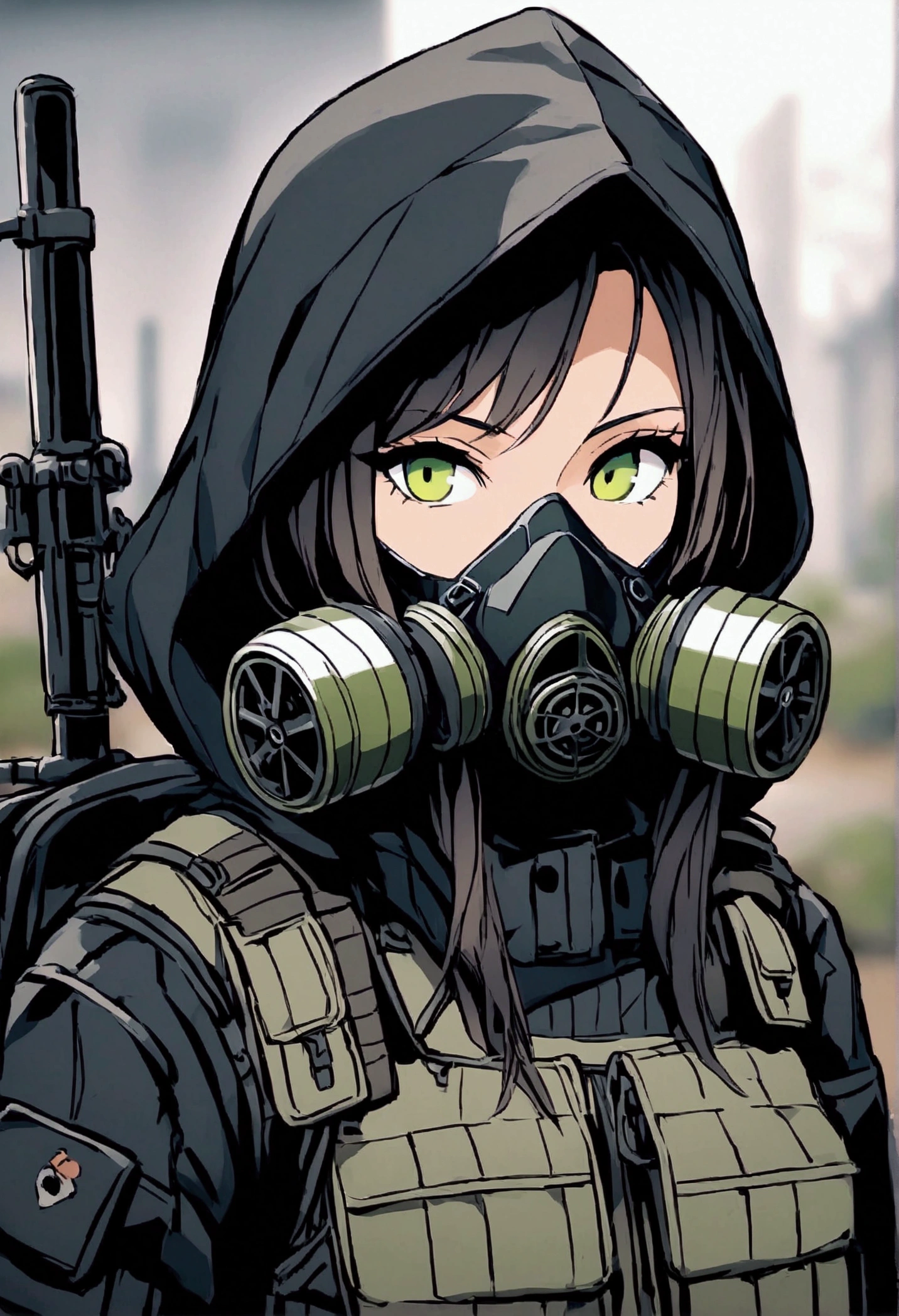 Female, black hood, gas mask, black jacket, bulletproof vest and green vest. Black tactical backpack. Post apocalyptic style