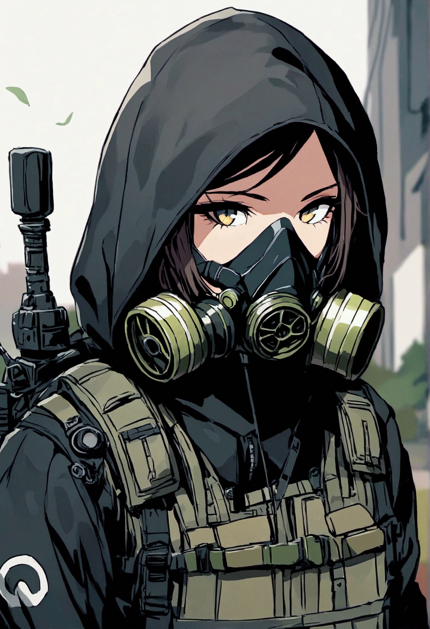 Female, black hood, gas mask, black jacket, bulletproof vest and green vest. Black tactical backpack. Post apocalyptic style