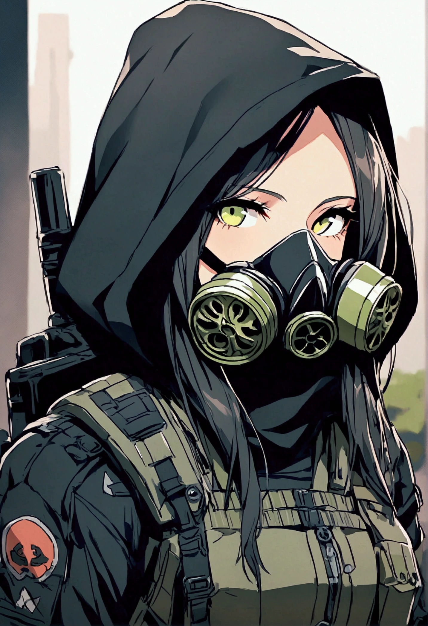 Female, black hood, gas mask, black jacket, bulletproof vest and green vest. Black tactical backpack. Post apocalyptic style