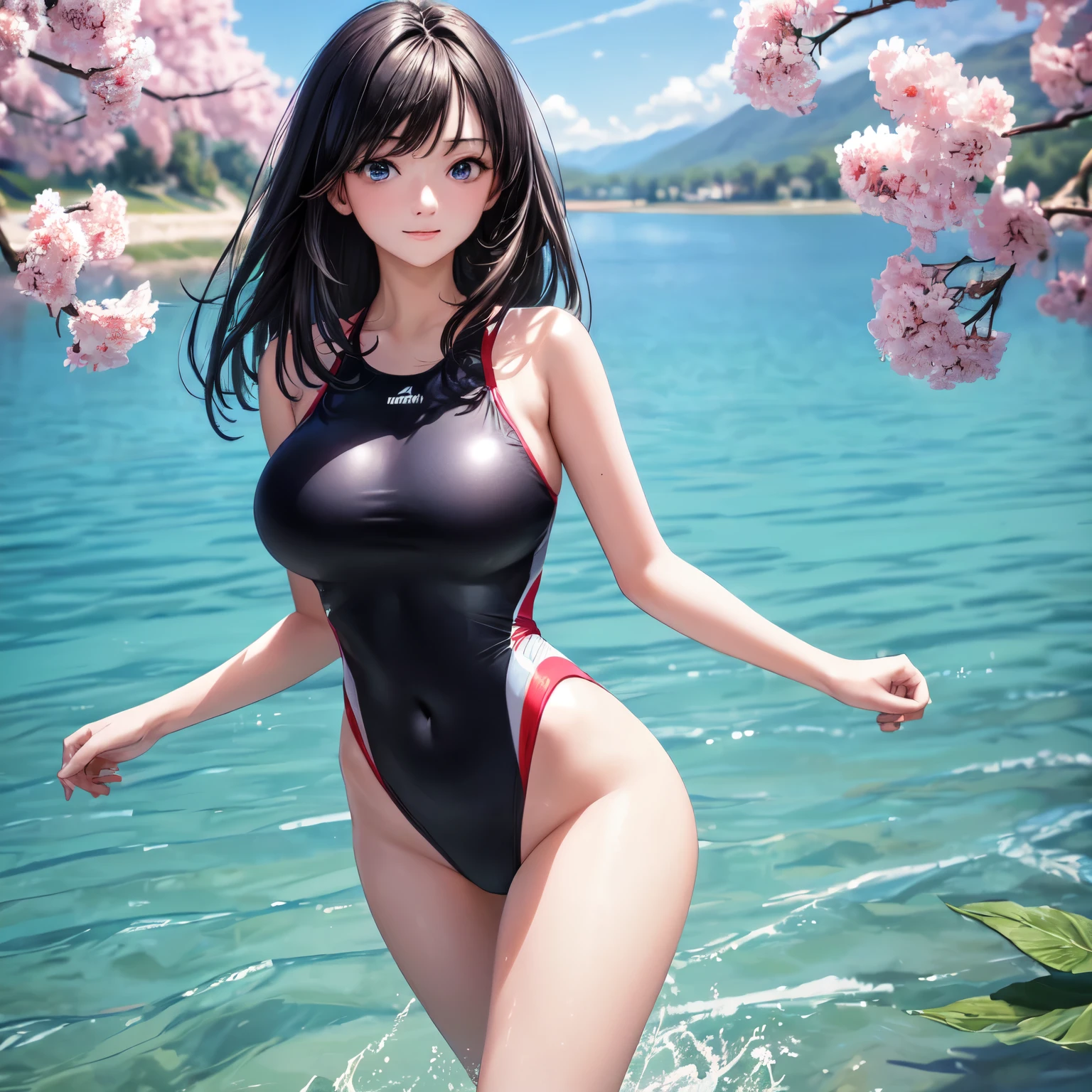 (((4K,masterpiece,best quality,ultra detailed,high resolution))),(daytime,clear weather,bloom),(from behind),((solo)),(beautiful woman),age,(black hair,medium hair,straight hair),(beautiful face,beautiful eyes),(finely detailed skin,fair skin),light smile,(one-piece competition swimsuit),(beautiful lake side,beautiful sky),(big breast,big hip),sqatting