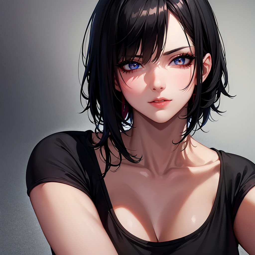 Generate hyper realistic close portrait of a beautiful girl, short messy black hair with a punk cut, dark background, orange t-shirt, very detailed beautiful eyes. Very detailed, provocative face, (dynamic provocative pose),   soft colors artwork, hight detailed,