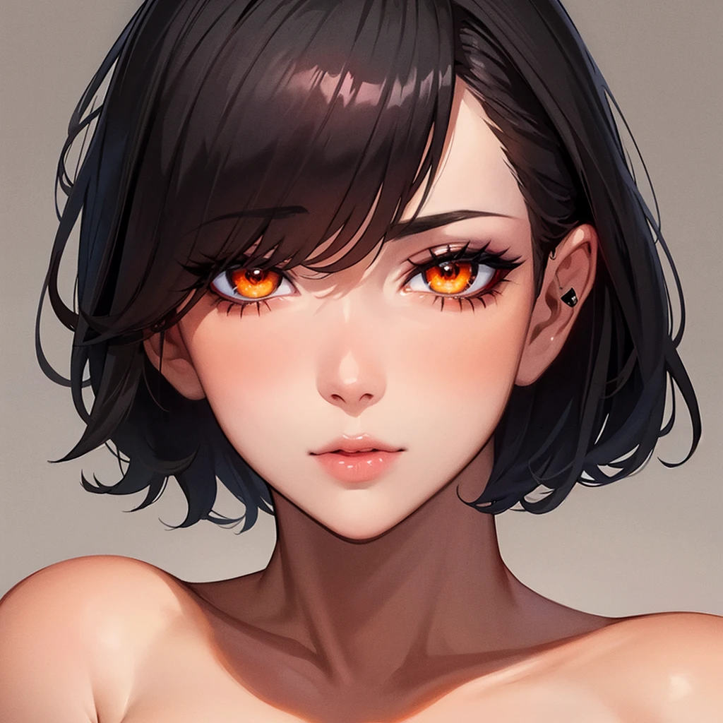 score_9, score_8_up, score_7_up, score_6_up, score_5_up, score_4_up,(Black Hair),(Orange inner color),short hair,(Red eyes),Gentle expression,(((Hair on one eye))),very big breasts,Erect nipples,Single image