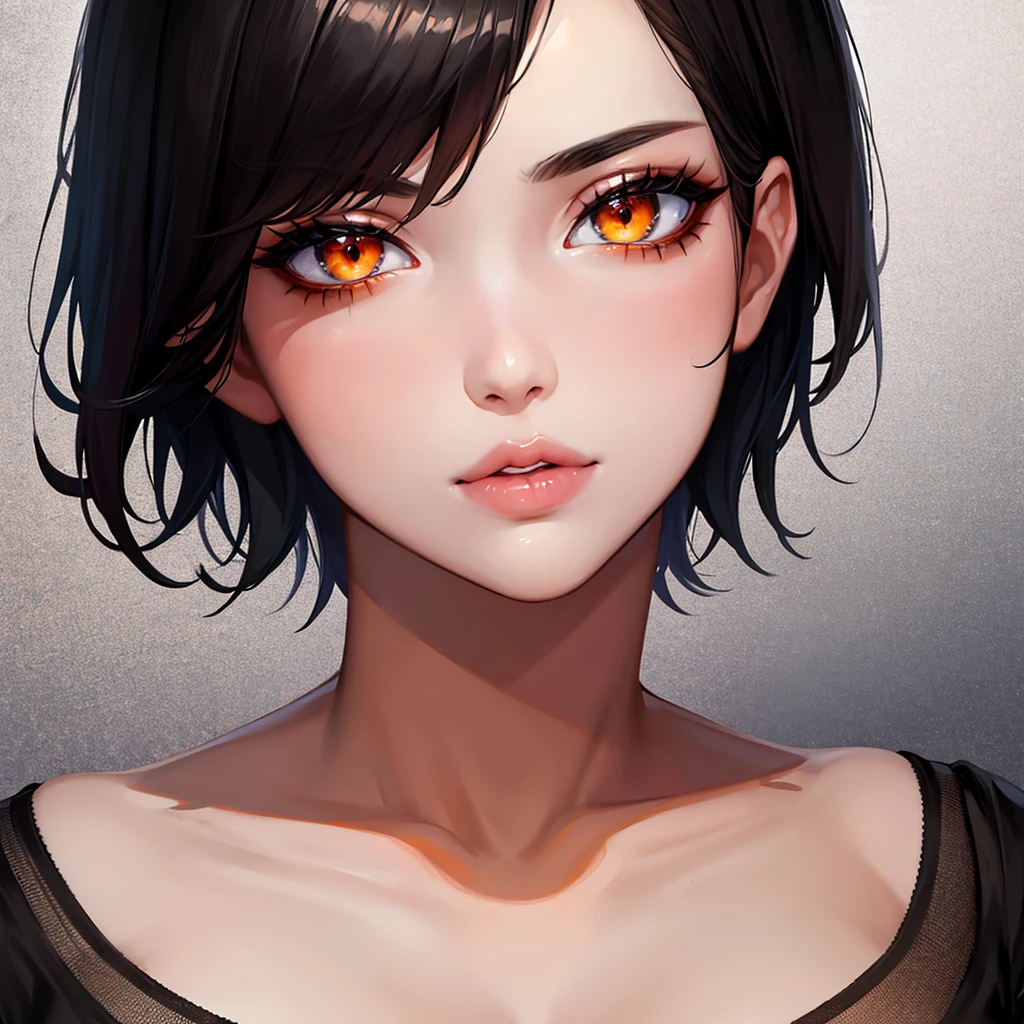 Generate hyper realistic close portrait of a beautiful girl, short messy black hair with a punk cut, dark background, orange t-shirt, very detailed beautiful eyes. Very detailed, provocative face, (dynamic provocative pose),   soft colors artwork, hight detailed,