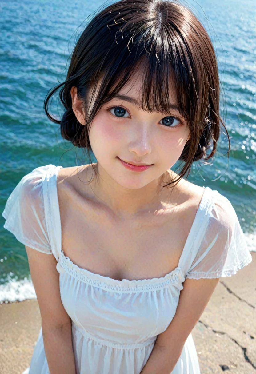 score_9, score_8_up, score_7_up, 1girl, japanese girl, cute, kawaii, beautiful face, perfect face, perfect body, smile, white dress, detailed eyes, shiny skin, hair floating, standing, medium breasts, skinny, looking at viewer, upper body, face focus, from above, outdoors, sea, blue sky, wind, jpn-girl, extremely detailed