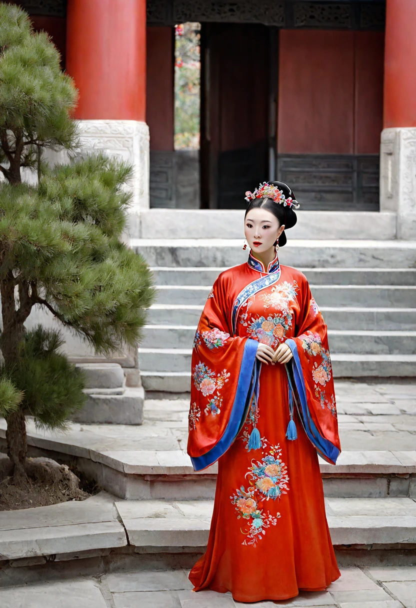 
Full body woman seen from the front outside a Chinese palace during the Qing dynasty。At the Chinese court during the Qing Dynasty、The Empress is wearing a bright red floral Manchu dress.。I&#39;m not wearing pants、Large breasts or belly、The woman is completely naked, showing her pubic hair and showing both thighs. There is no underwear that shows the woman.。Her hair is decorated with a large, flashy flower.。Erotic woman with hair tied up outside a Chinese palace during the Qing dynasty。