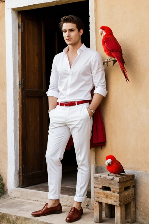 Cute young handsome white man in sensilla clothes with a red parrot and a humble house