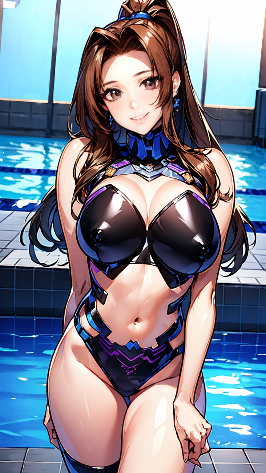 (highest quality, masterpiece:), ultra-high resolution, night, in the pool bar, Korean photo model, young and beautiful gravure idol, 23 years old, tight, wearing a black color of Muv-Luv's style armors, high leg, gigantic breasts, puffy nipple:1.4, skinny, bangs, long hair, light brown hair, ponytail, forehead, unkempt hair, earrings, beauty, victory smile, mature woman, please face forward and look at the camera,