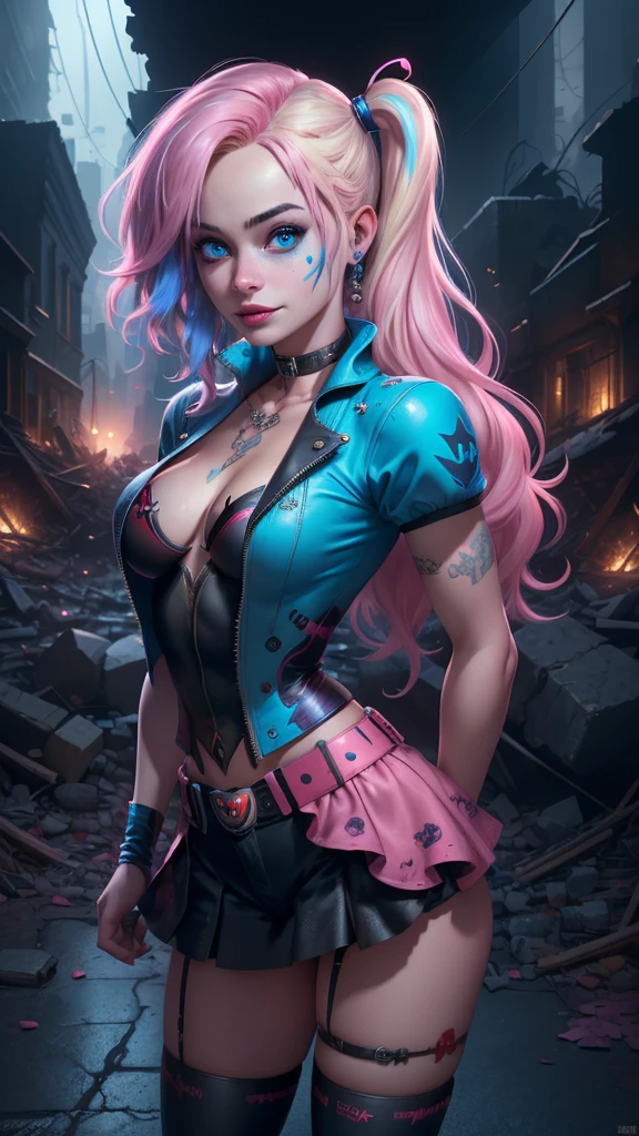 (La Best Quality,A high resolution,Ultra - detailed,actual),harley quinn supergils sexy , (Margot Robbie dressed as harley quinn in Suicide Squad all alone) ,(Ruined dungeon ruins background:1.4 ), TOP Negro violent ,(pink hair +red:1.4), MINISKIRT Corto yellow , More detailed 8K.unreal engine:1.4,UHD,La Best Quality:1.4, photorealistic:1.4, skin texture:1.4, masterpiece:1.8,first work, Best Quality,object object], (detailed face features:1.3),(Beautiful blue eyes),  (cowboy pose), ,( cyberpunk 2.1),( harley quinn:1.4),( harley quinn V2.1), (gothic city background), (bright colors:1.4), (RAW photo, best quality), (realistic, photorealistic: 1.4), (extremely delicate and beautiful: 1.4), amazing, fine details, masterpiece, ultra detailed, high resolution, best illustration, best shadow, intricate, ( extremely intricate: 1.2), (exquisitely detailed skin), cinematic light, perfect anatomy, (cool color: 1.4), sharp focus, 8k UHD, DSLR, (Fujifilm XT3), score_9, score_8_up, score_7_up, score_6_up, rating_explicit, 1girl, ((18YO:1.2)), Adult, full lips, big clear eyes, light blue eyes, ((blond hair:1)), (long wavy hair: 1.2),More detailed 8K.motor irreal:1.4,UHD,La mejor calidad:1.4, fotorrealista:1.4, textura de la piel:1.4, obra maestra:1.8,obra-prima, mejor calidad,objeto Objeto], (detailed face features:1.3),(Las proporciones correctas),(Ojos hermosos azules),  (pose vaquero), (Five Fingers, Four fingers and thumb:V2.1 ),