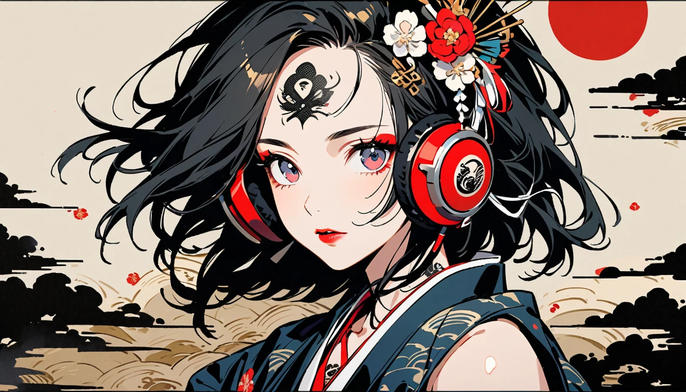 (((Ink Painting))), Fashion portrait color photos, (((1 girl))), (((Tattoo in the center of the forehead))), (((Very flashy hair accessories))), (((Very flashy makeup))), Japanese style headphones, Japanese pattern base, Japanese beautiful girl, Black Hair, Delicate and precise, Modern ukiyo-e style, Japanese flag