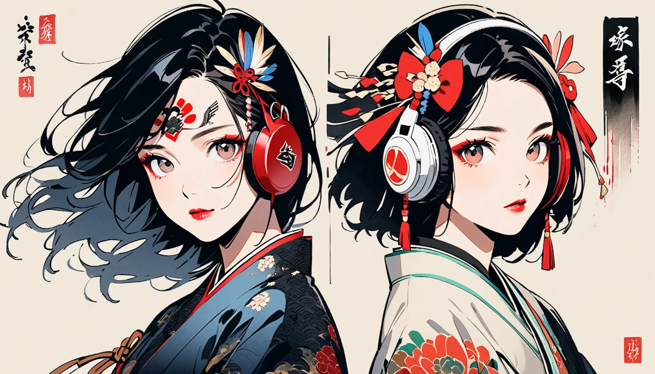 (((Ink Painting))), Fashion portrait color photos, (((1 girl))), (((Tattoo in the center of the forehead))), (((Very flashy hair accessories))), (((Very flashy makeup))), Japanese style headphones, Japanese pattern base, Japanese beautiful girl, Black Hair, Delicate and precise, Modern ukiyo-e style, Japanese flag