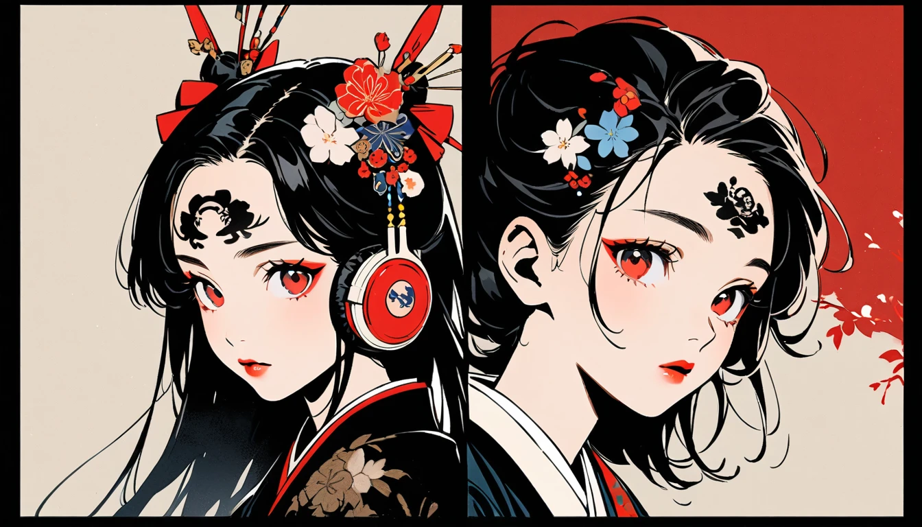 (((Ink Painting))), Fashion portrait color photos, (((1 girl))), (((Tattoo in the center of the forehead))), (((Very flashy hair accessories))), (((Very flashy makeup))), Japanese style headphones, Japanese pattern base, Japanese beautiful girl, Black Hair, Delicate and precise, Modern ukiyo-e style, Japanese flag