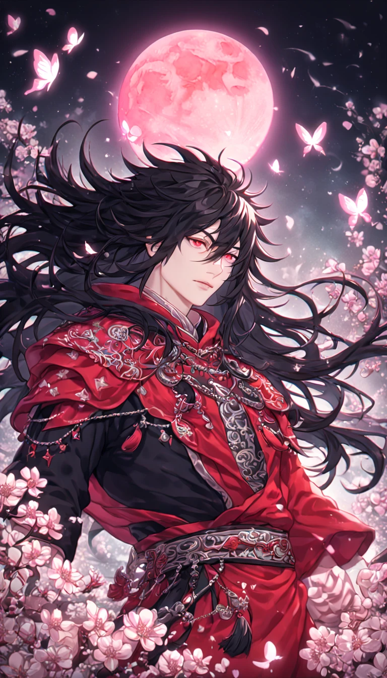absurdres, highres, ultra detailed, HDR, master piece, best quality, extremely detailed face, delicated features, Xue Yu, untamed spiky hair, black hair, long hair, hair between the eyes, expressive red eyes, Thousand Years War, solo, sexy man, handsome, black cape, red robes, accessories, patterns, fantasy, magical, radiant, pink butterflies, pink flowers, night sky, shinning pink moon, blossoms, Jujutsu Kaisen