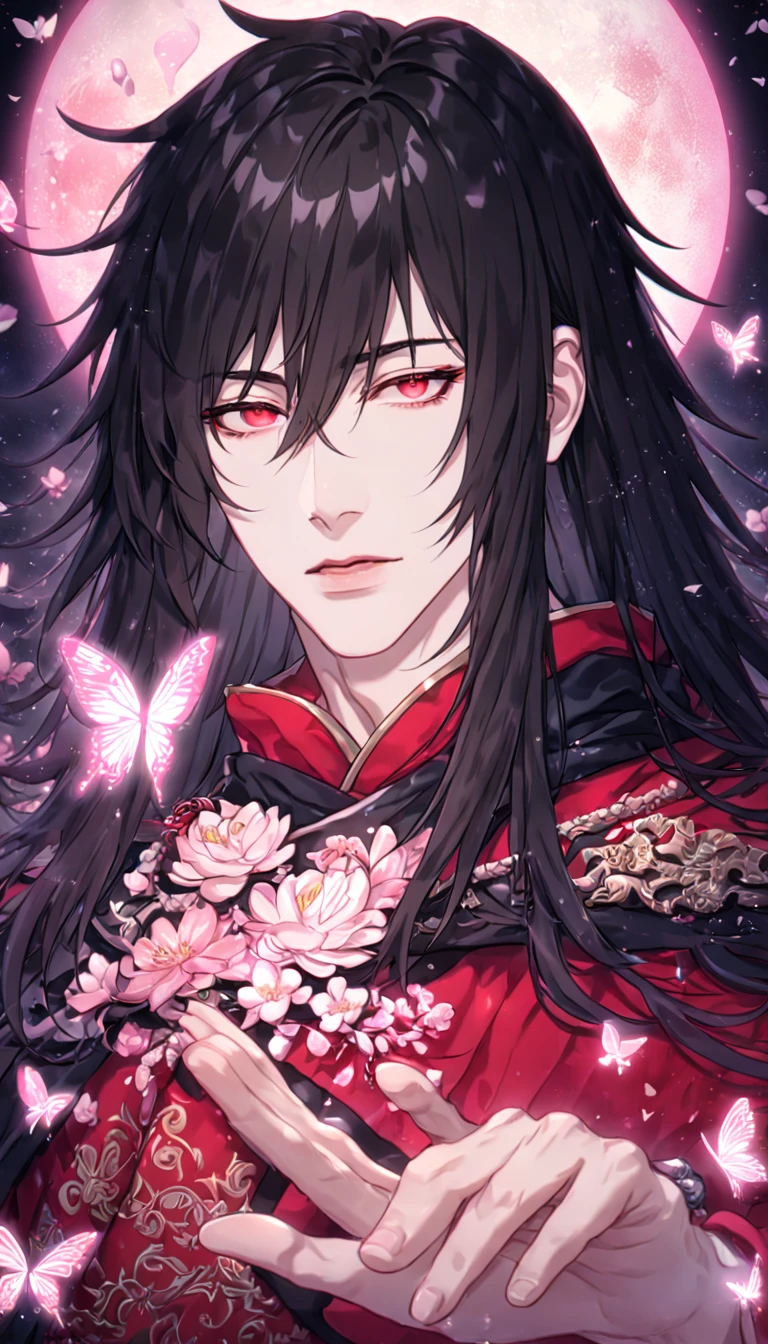 absurdres, highres, ultra detailed, HDR, master piece, best quality, extremely detailed face, delicated features, Xue Yu, untamed spiky hair, black hair, long hair, hair between the eyes, expressive red eyes, Thousand Years War, solo, sexy man, handsome, black cape, red robes, accessories, patterns, fantasy, magical, radiant, pink butterflies, pink flowers, night sky, shinning pink moon, blossoms, Jujutsu Kaisen