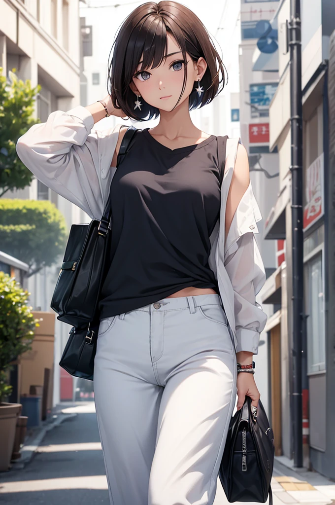 hair: Dark brown short hair。An elegant bob cut、前hairは斜めに流している。
eye: Bright hazel eyes。A calm expression is attractive。
skin: 健康的な小麦色のskinで、I can see some sunburn marks。
height: 162cm Body Type: A healthy and balanced body。Doing fitness regularly。
Clothing details:
tops: Light grey linen shirt。With a relaxed fit、Features cool material。
Bottoms: Navy cropped pants。Easy to move around in、Casual yet elegant design。
shoes: White canvas sneakers。Simple and easy to match with any style。
accessories: She is wearing a silver watch and simple stud earrings.。