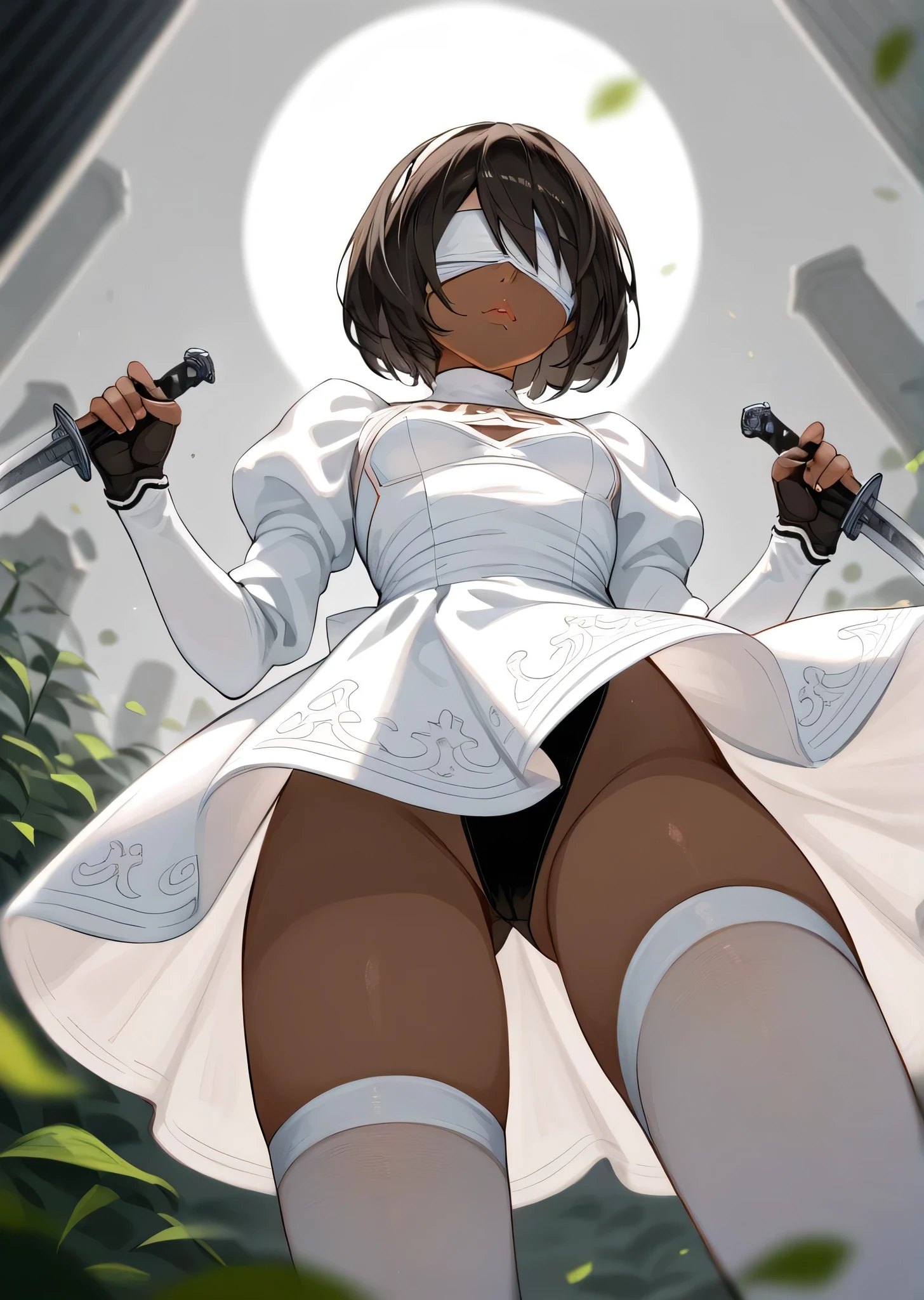[n_2b], [Inverted 2B], [nier automata], ((masterpiece)), ((HD)), ((high res)), ((solo portrait)), ((waist up)), ((low angle view)), ((detailed shading)), ((intricate details)), {(beautiful woman), (slim figure), (brown skin), (short black hair), (small breasts), (curvy hips), (beautiful legs), (lush lips), (blank expression)}, {(white dress), (black leotard), (white blindfold), (white hairband), (opaque white thighhighs), {(wielding sword), (dynamic pose), (looking ahead)}, [ambient lighting, ruined city, grey sky]