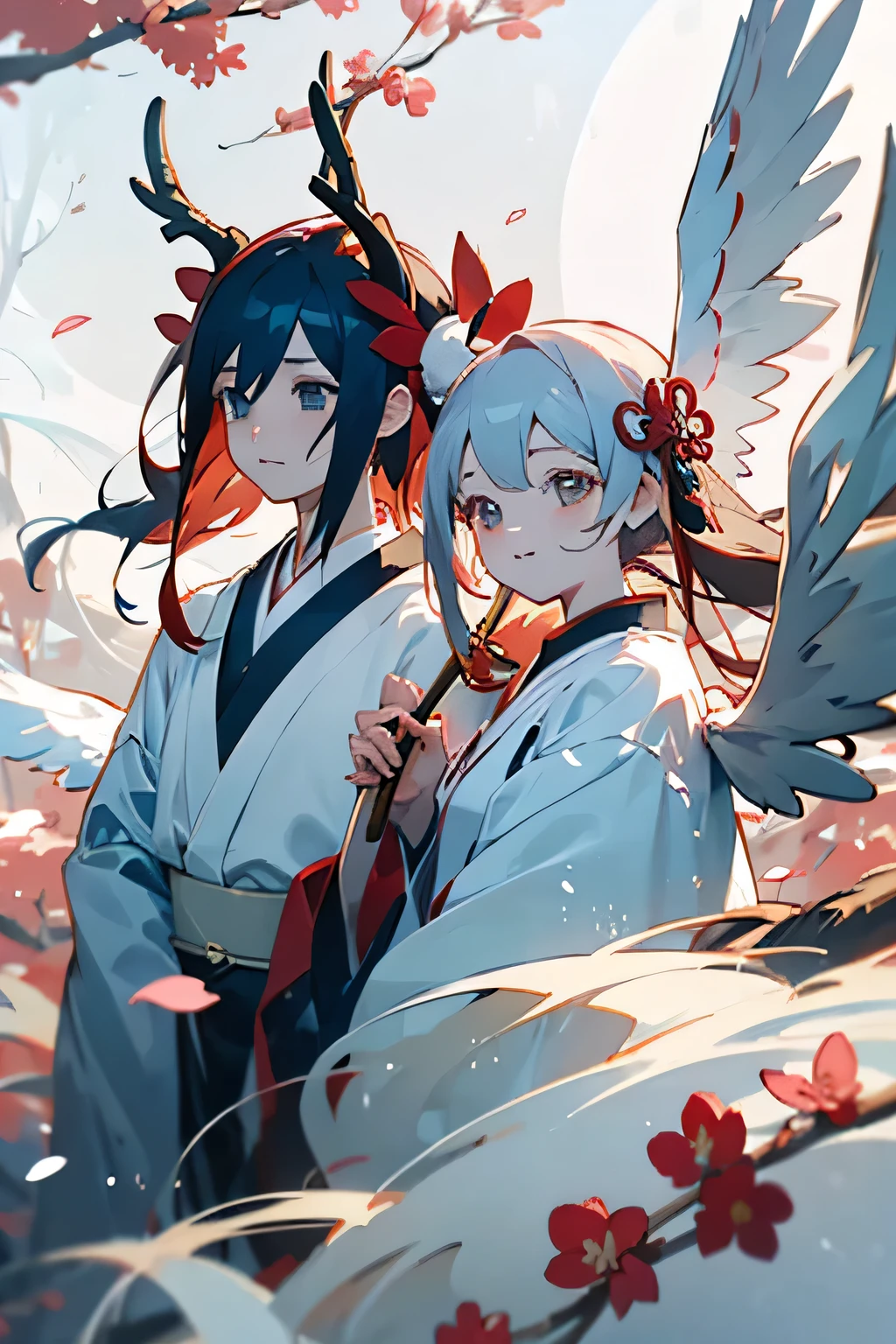 
Deer antlers. Anime style of Onmyoji. Bright particles. A pair of white wings behind the bright moon. Ink style. Plum blossom forest. A fan in hand. Fluffy snow-white tail
