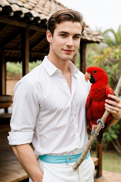 Cute young handsome white man in sensilla clothes with a red parrot and a humble house