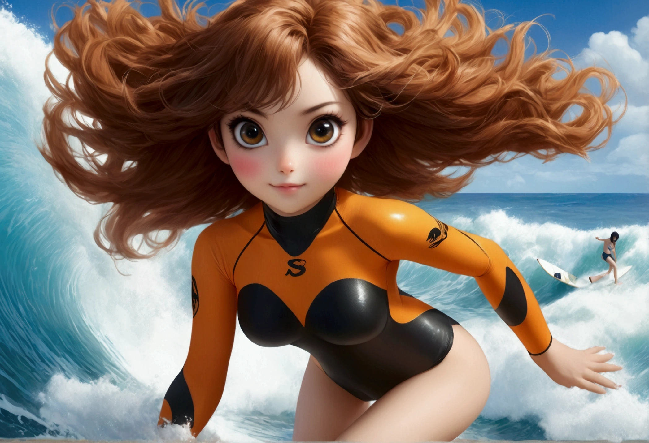 (Xiaorou SeeU, age 20, is an adorable sexy cat woman, big eyes, cute swimsuit, fluffy tail), she is surfing on small waves, super cute, so excited, show her from head to toe, hawaii