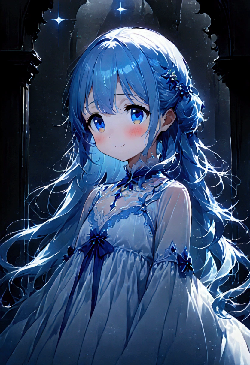 masterpiece, best quality, extremely detailed, (illustration, official art:1.1), 1 girl ,(((( light blue long hair)))), ,(((( light blue long hair)))),light blue hair, , long hair ((blush)) , cute face, masterpiece, best quality,(((((a very delicate and beautiful girl))))),Amazing,beautiful detailed eyes,blunt bangs((((little delicate girl)))),(((tareme))),droopy eyes.(true beautiful:1.2), sense of depth,dynamic angle,,,, affectionate smile, (true beautiful:1.2),,(tiny 1girl model:1.2),)(flat chest),((((Stellar being with starlight aura))) 1girl, looking out at stars, soft focus, (astral themes), (glow in eyes)), impressive artistry,Exquisite details,Gothic architecture,dramatic lighting,Vibrant red hue,ominous numbers,Strange symbols,Surreal elements
