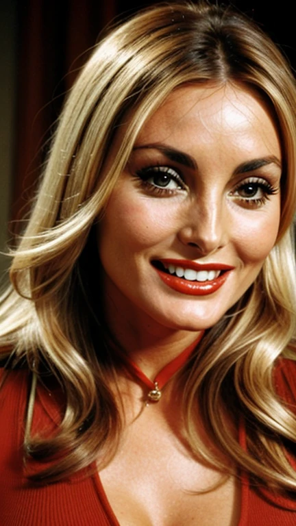 Sharon Tate in sexy filmmaker clothes with lipstick and smiling