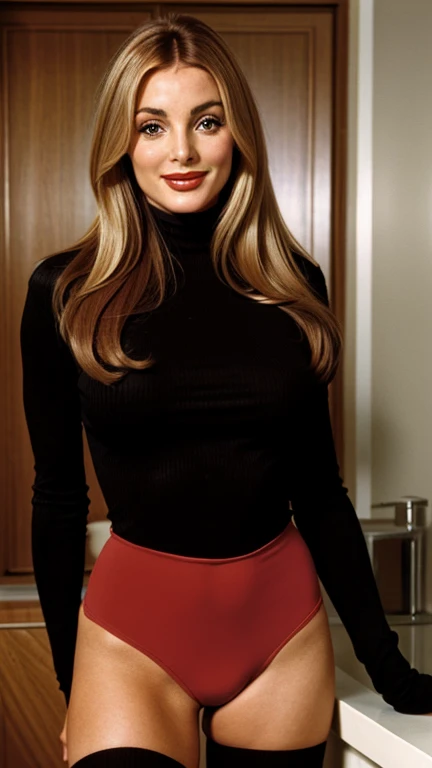 Sharon Tate in sexy filmmaker clothes with lipstick and smiling