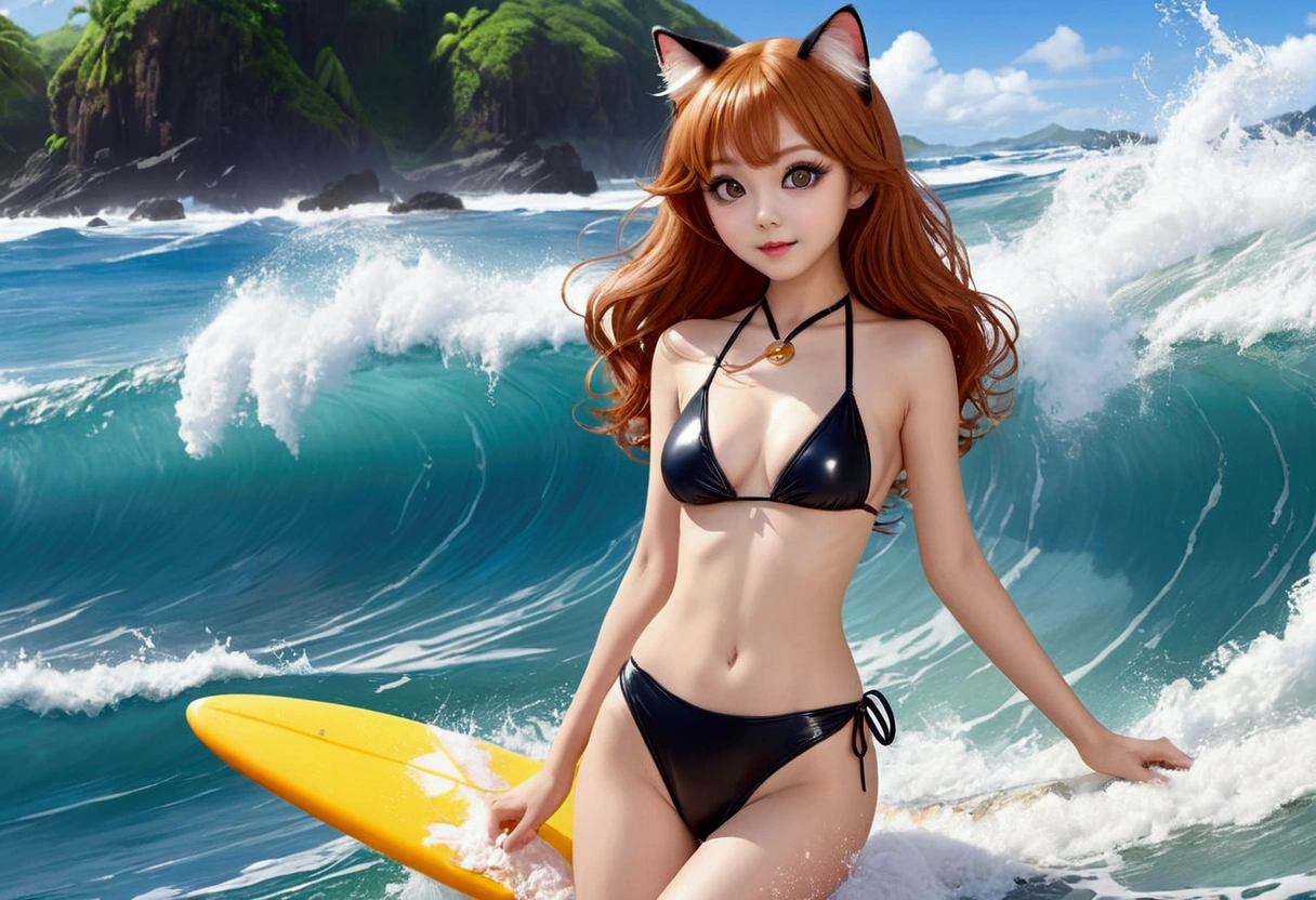 (Xiaorou SeeU, age 20, is an adorable sexy cat woman, big eyes, cute swimsuit, fluffy tail), she is surfing on small waves, super cute, so excited, show her from head to toe, hawaii