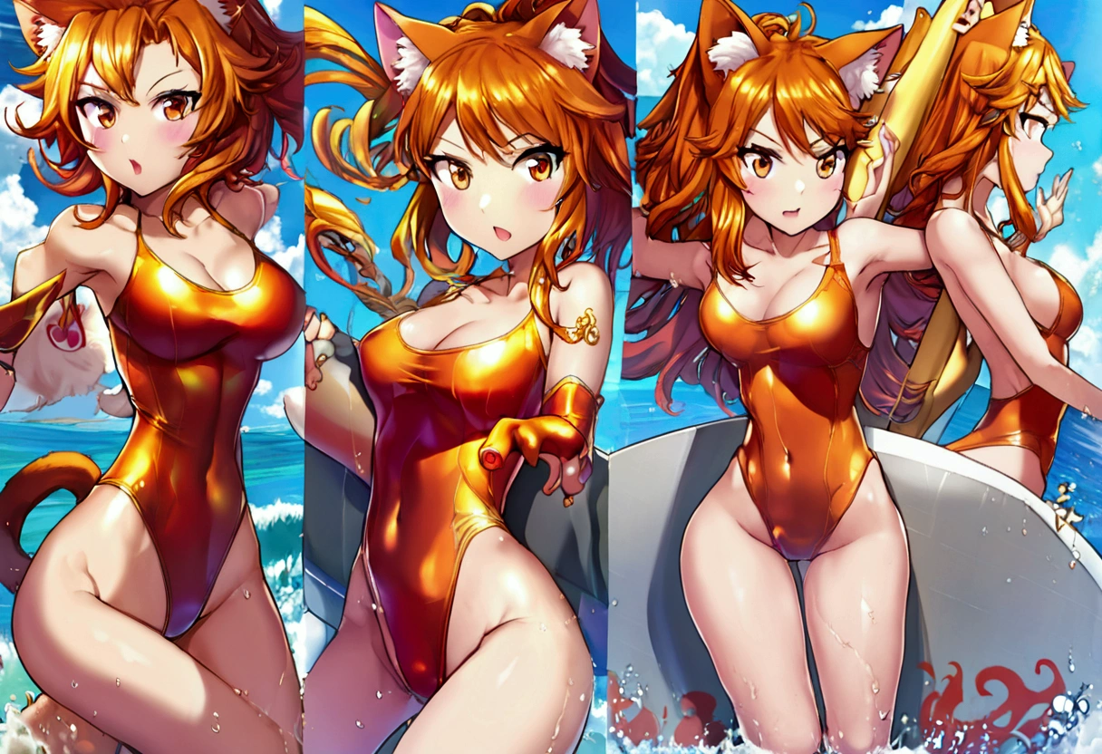 (Xiaorou SeeU, age 20, is an adorable sexy cat woman, big eyes, cute swimsuit, fluffy tail), she is surfing on small waves, super cute, so excited, show her from head to toe, hawaii