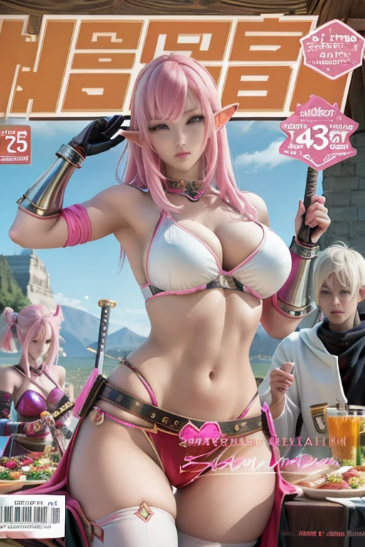 magazine cover of warrior, sexy pose, big breasts, servo armor, katana sword, pink hair, elf earns