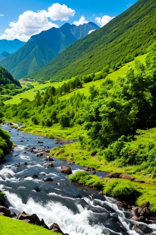 The sky is deep blue, white clouds drifting. Below is a lush green valley, with a rushing river. The towering mountains, covered with white snow, create a majestic, magnificent scene.