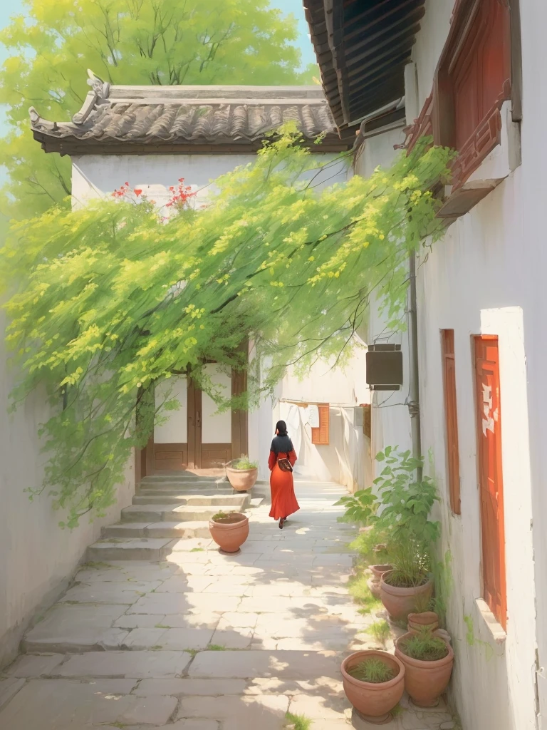 The painting shows a woman in a red dress walking down a narrow alley, author:Ye Xin, Li Song, Yu Zhiding, Inspired by Fenghua Zhong, by Zou Yigui, by Sheng Maoye, by Bian Shoumin, author:Lu Guang, Ding Guanpeng, by Zou Zhe, author:Ma Yuanyu