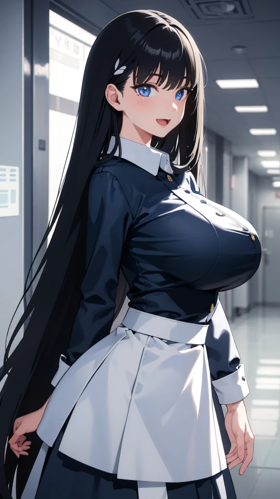 (masterpiece), (best quality), (ultra-detailed), ((girl, 29 years old)), an extremely delicate and beautiful, detailed eyes, minute details, (black hair, long hair, straight hair, hair between eyes), ((big breasts)), smile, open mouth, ((beautiful eyes)), (blue eyes), (upper body), she is wearing a blue dress, (detailed clothes), (detailed background, in a hospital, hospital hallway), (monochrome)