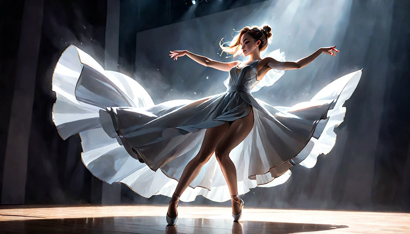 Generate an image of a woman dancing from a low angle with a distinctive composition that emphasizes movement and grace. Capture the fluidity of her movements and the dynamic energy of the dance in a visually striking way. Utilize unique lighting and angles to create a visually engaging and artistically expressive representation of the dance performance.chat ear
