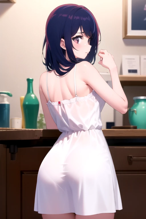 (masterpiece, highest quality),BREAK
(One girl,  Purple hair、Short Pixie Haircut、slender body、big and soft breasts、((Big white lace apron on bare skin)、blush with embarrassment、Dreamy eyes、A smile that captivates the viewer、Clothing gets messy due to movement、I can see the crack of her butt)、BREAK
(Dynamic and sexy bending pose:1.2、look back、Sticking out her butt)BREAK
(The whole body is visible、Morning sunlight、kitchen)BREAK