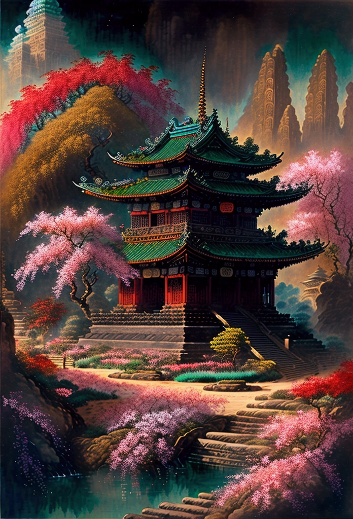 Absurd, High resolution, Super detailed, beautiful, masterpiece, Highest quality,Ancient temples, Lush garden, Bright colors, Quiet Pond, Traditional architecture, cherry blossoms