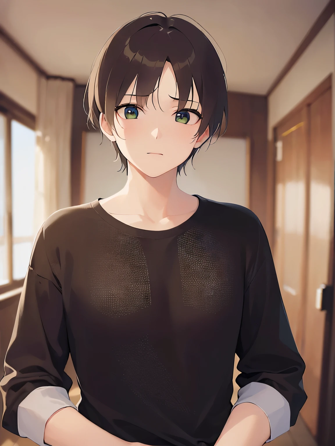 (looking away:1.5)、upper body、
masterpiece、Highest quality、
BREAK (25-year-old male:1.5) and (Mahogany brown short hair) and (Green Eyes)
 BREAK,（Black long sleeve shirt：1.5）、
Serious,Are standing、Background is bedroom at night、(alone:1.5)