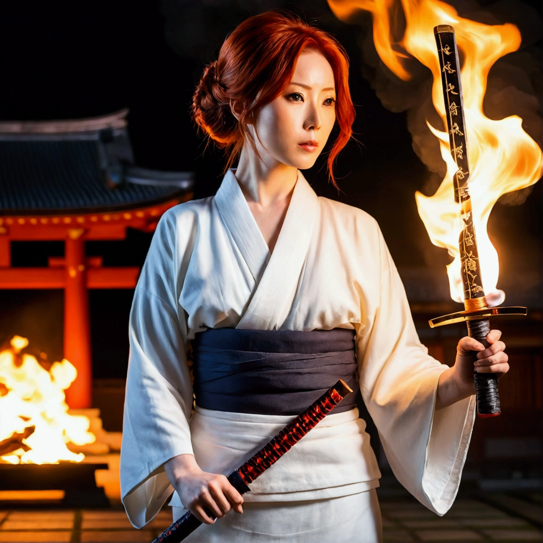 The background is a burning Japanese temple.、Midnight、Redhead、A woman in a white kimono holding a Japanese sword、Women are also burning