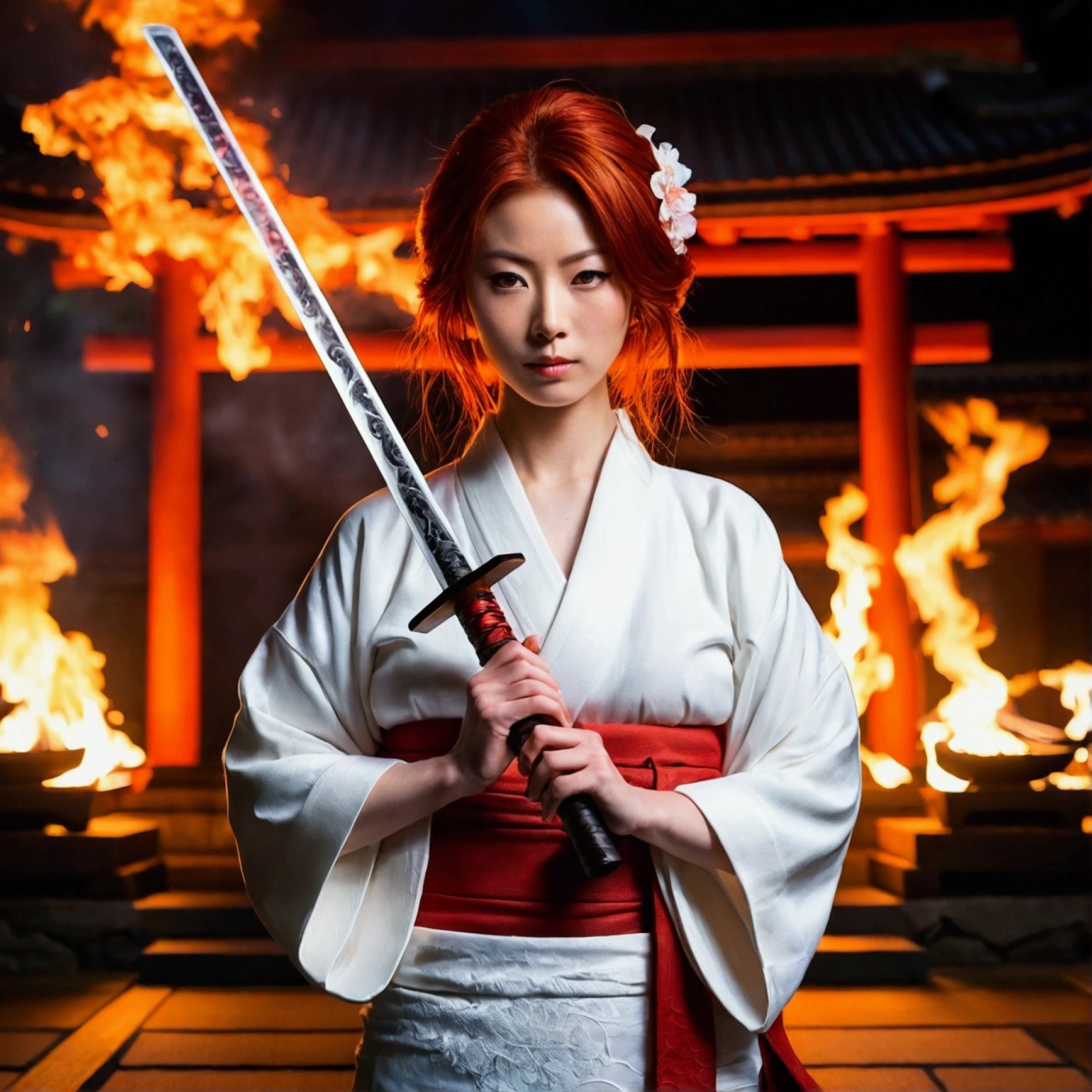 The background is a burning Japanese temple.、Midnight、Redhead、A woman in a white kimono holding a Japanese sword、Women are also burning