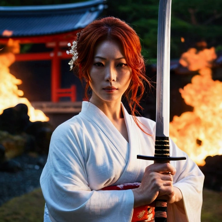 The background is a burning Japanese temple.、Midnight、Redhead、A woman in a white kimono holding a Japanese sword、Women are also burning