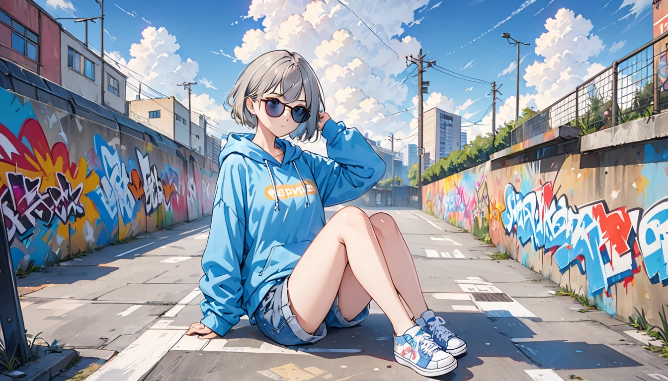 High resolution,8k,1 girl,short hair,sit,1 pair of sunglasses,hoodie,colored hoodie,Denim shorts,Sneakers,skateboard,human center,Outdoor,blue sky,White cloud,graffiti, flat,Lonely,Gray Hair,