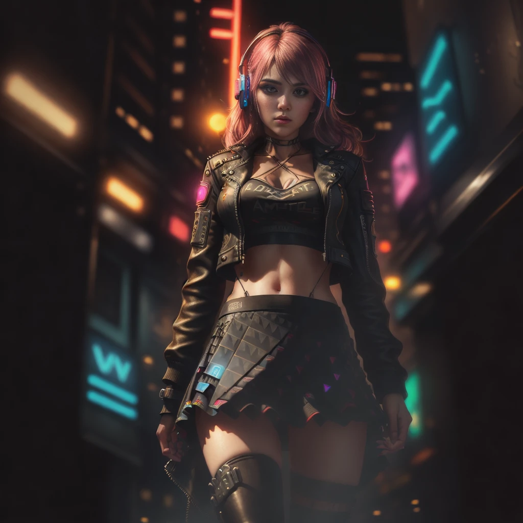 Best Quality, Realistic, Realistic, Award-Winning Illustration, (Complicated Detail: 1.2), (Fine Detail), (Complicated Detail), (Cinematic Lights, Best Quality Backlight), Crisp Lines, Crisp focus, official art, unity 8k wallpaper, absurd, unbelievably absurd, huge file size, ultra- (in_main_street:1.21), (neon lamp), fantasy art, rtx,((triangle closeup photo by award winning studio )), 1girl, very pretty, (shut up), small , ((Cyberpunk city Street, Battle Maiden)), perfect hands, beautiful detailed eyes, Perfect Face, (Cyberpunk blouse, leather jacket, Martin boots) ,,(headphones_around_hair),((pleated skirt) ), ((supermodel pose)),