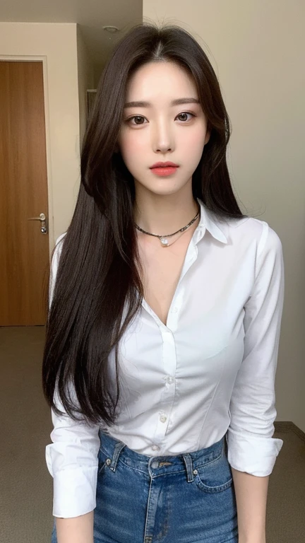(Genuine, High resolution:1.3), One girl with perfect body, Very beautiful face and eyes,Long Hair, Random Collar Shirt:1.2, Short jeans,