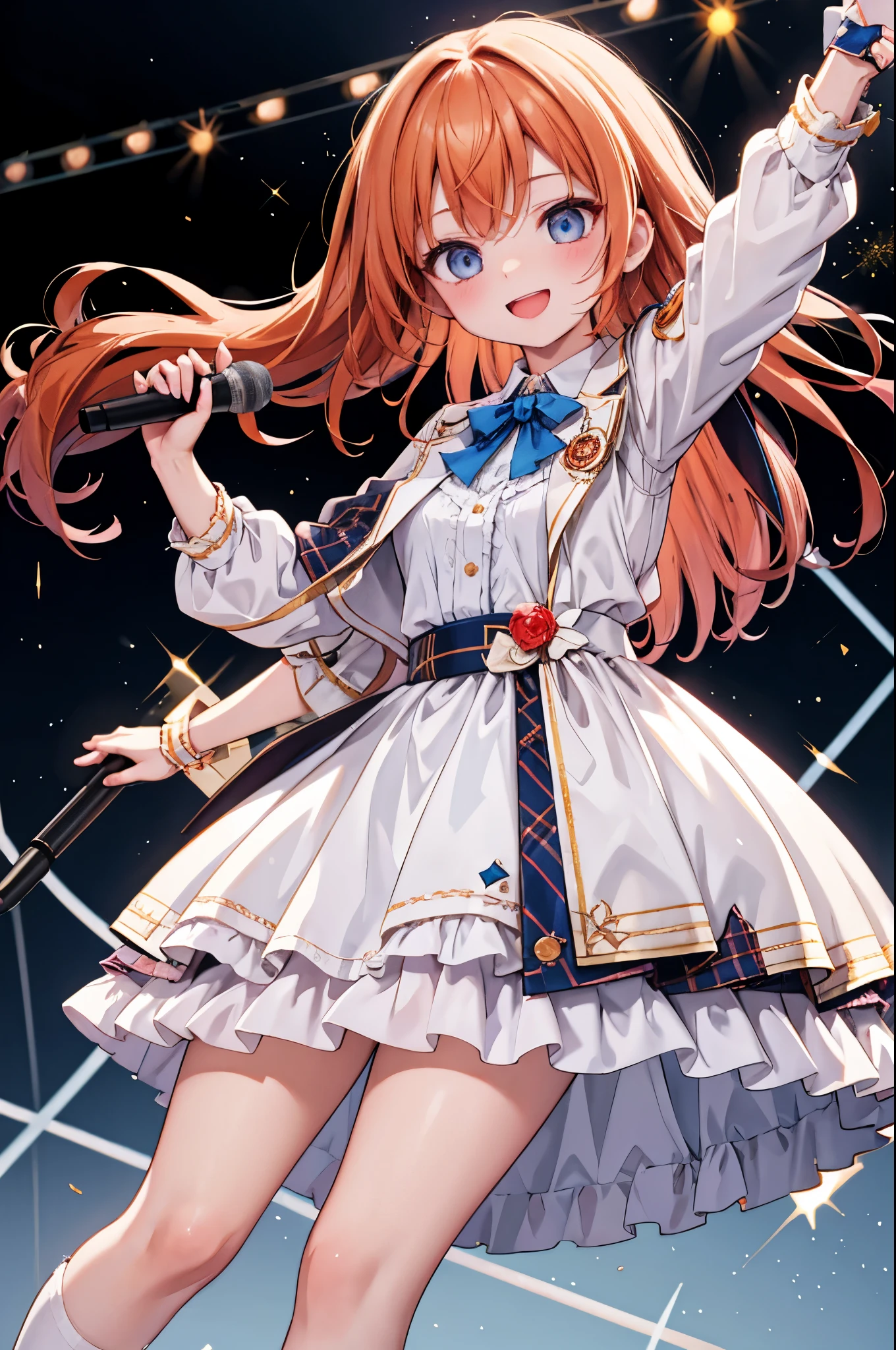 high resolution,smile,woman,woman1人,adult,cute,Holding the microphone with one hand, Orange Hair,BREAK, Light blue eyes,BREAK,Idol Uniform,BREAK,Facing forward,BREAK,Light blue background,
