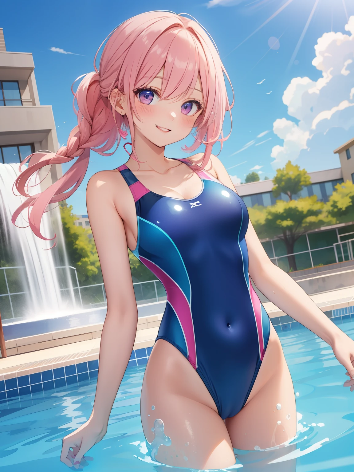 masterpiece,best quality,detail shadow,HDR,slim legs,collarbones,detailed eyes,(glamor:1.5),kawaii,medium breasts,(1girl),solo,parted lips,smile,blush,Neon Pink hair,waterfall braid,swimsuit,competition_swimsuit,shining swimsuit,the blue sky,school building,swimming pool,