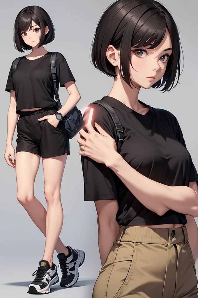 Features of appearance: hair: dark brown short bob hair。前hairは長めで横に流しているスタイル。 eye: Almond-shaped, deep brown eyes。Gives a calm impression。 skin: オリーブ色のskinで、Has a healthy glow。 height: 170cm Body Type: Sporty and toned body。Has a moderate amount of muscle。 Clothing details: tops: A simple black cropped T-shirt。With a tight fit、Emphasizing the sporty impression。 Bottoms: High waisted khaki cargo pants。It has many pockets、Functional and casual design。 shoes: Black high-cut sneakers。Durable、Perfect for an active lifestyle。 accessories: He is wearing a black sports watch on his wrist.。Simple and practical design。