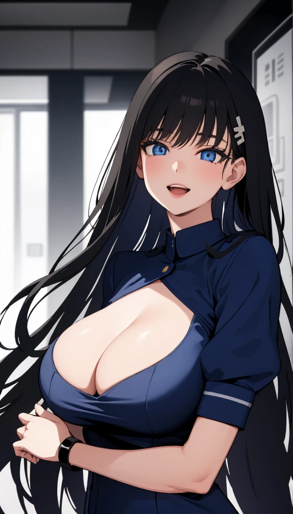 (masterpiece), (best quality), (ultra-detailed), ((girl, 29 years old)), an extremely delicate and beautiful, detailed eyes, minute details, (black hair, long hair, straight hair, hair between eyes), ((big breasts)), smile, open mouth, ((beautiful eyes)), (blue eyes), (upper body), she is wearing a blue dress, (detailed clothes), (detailed background, in a hospital, hospital hallway), (monochrome)