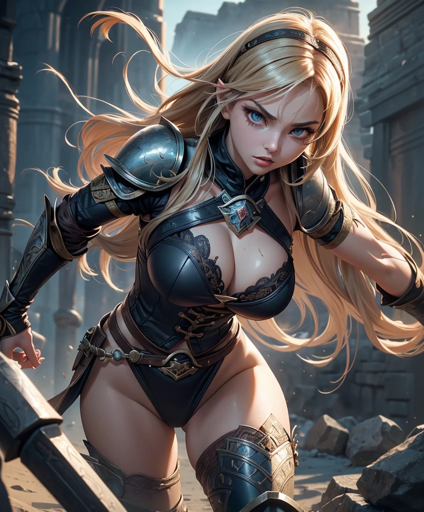  (((1girl))) (((Solo focus)))  (((Appears to be 20 years old with youthful looks.))) (((Medieval fantasy attire.))) (((Medieval fantasy aesthetic.)))   (((1girl))) (((Solo focus))) (((Appears to be 20 years old with youthful looks.))) (((Looks like a sexy female fantasy warrior.))) (((Sexy medieval fantasy attire.))) (((Large breasts.))) Create a powerful and muscular female warrior who exudes raw sexual energy and dominance. Her very presence is intimidating, as she gives off an air of ruthlessness that leaves men quaking in their boots. (((Rowdy and sexy.)))  And when it comes to fighting or getting bawdy with men, she is not one to hold back - proving herself both on the battlefield and in the bedroom. With an insatiable appetite for carnal pleasures and a fierce determination to prove herself at every turn, there are few who can match the intensity of this sexy female warrior in a high fantasy setting.  Her muscles ripple with power and strength, accentuated by her tight-fitting armor that leaves little to the imagination. Her breasts are large and full, almost bursting out of her armor as she strides confidently into battle. But it's not just her physical attributes that make her so intimidating - it's also her fierce attitude and unwavering determination to conquer any challenge that comes her way. There is nothing she won't do to achieve victory, whether it's on the battlefield or in the bedroom. Her dominant sexual nature only adds to the allure of this formidable female warrior in a high fantasy setting.